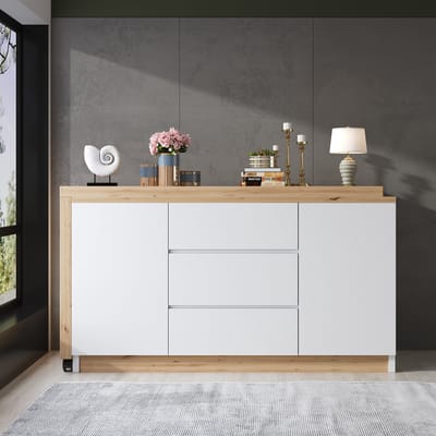 Bureau met bevestigbare wielen - 4 cm dik draaibaar werkblad - inklapbaar bureau - hoekbureau - zijkast - wit/eiken