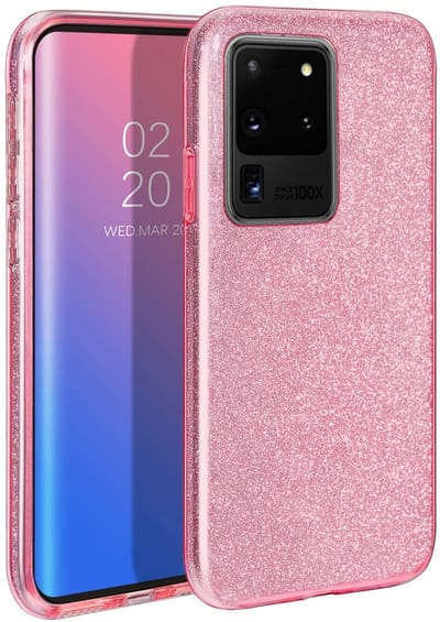 HB Hoesje Geschikt voor Samsung Galaxy S20 Ultra - Siliconen Glitter Back Cover - Roze