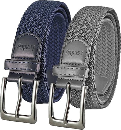 Landley Elastische Gevlochten Stretch Riemen Duopack - Voordeelset met 2 riemen - Dames en Heren - Blauw en Grijs - Lengte totaal 100 cm / Riemmaat 85