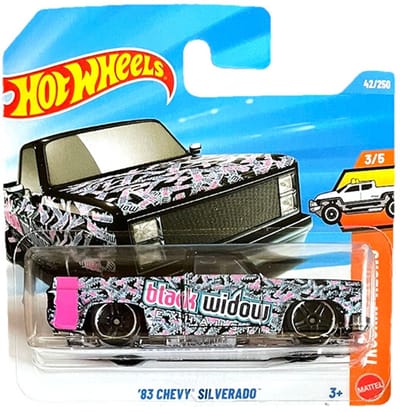 HOT WHEELS '83 CHEVY SILVERADO BLACK WIDOW BLUE PINK 42/250 HW TRUCKIN' ALONG 3/5 SHORT CARD 2026