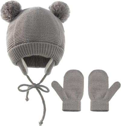 QTTVBTNA - Baby winterset - Baby warme muts en handschoenen - fleecevoering - bescherming tegen kou - Geschikt voor kinderen van 1-4 jaar - Grijs - 2-delig