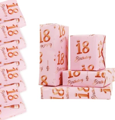 SnelShoppen - Inpakpapier 18e Verjaardag, 5 Vellen 70x50 cm, Roségoud Roze, Happy Birthdays Cadeaupapier voor Meisjes en Vrouwen, Recyclebaar Verjaard