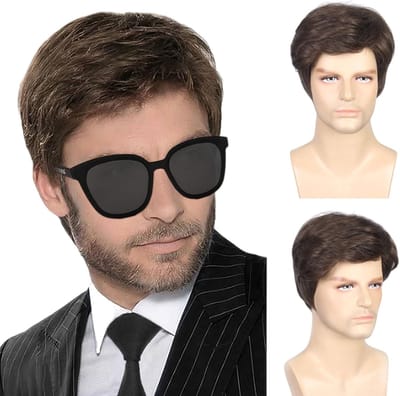 Korte Bruine Gelaagde Perücke voor Mannen - 80s Stijl, Golvend en Krullend voor Cosplay en Dagelijks Gebruik