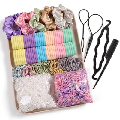 Multicolor haar accessoires set – 1109 stuks – haarelastiekjes, mini elastiekjes, scrunchies en haar tools – complete elastiekjes set voor dames – pastel haar styling set