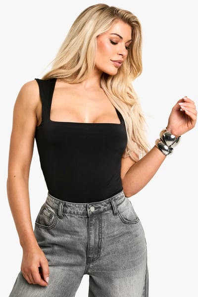 boohoo Dames Dubbel-laag Slinky Bodysuit met Vierkante Hals | True Black | Maat: 44
