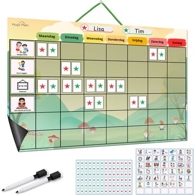 Huysplan® - Planbord - Beloningssysteem goed gedrag - Activiteiten - Beloning - Sterren - Magnetisch - Ook op te hangen met touw