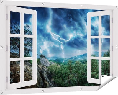 Gards Tuinposter Doorkijk Onweer in het Bos - Bliksem - 150x100 cm - Tuindoek - Tuindecoratie - Wanddecoratie buiten - Tuinschilderij