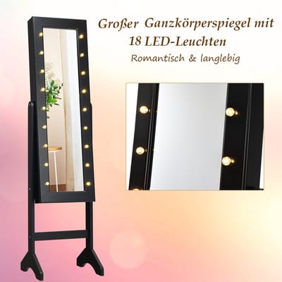 COSTWAY 18 LED's Sieradenkast, Vloerstaand Ontwerp, Verstelbare Hoek, Zachte Verlichting, Helder Glas Spiegel over de volle lengte, Stevige Bouw, Krachtige Opslag organisator voor de Verzameling van Alle Soorten Sieraden (Zwart)