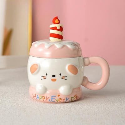 Tasse Gâteau Cadeau d'Anniversaire Mignonne Mug Filles Tasse en Céramique de Haute Valeur Sens du Design de Niche pour Enfants avec Couvercle 430ml