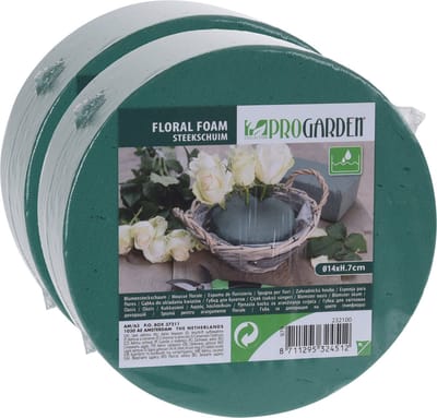 Pro Garden Steekschuim - 2x stuks - nat - rond - groen - D14 x H7 cm - geschikt voor echte bloemen - floral foam oase blok