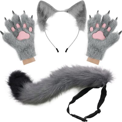Pluizige Kattenoren Kat Lange Staart Plus Schattige Kattenpoten Handschoenen Set Cosplay Kostuum Accessoires Halloween Carnaval Feest Aankleden 26cm gray