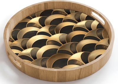 Dienblad rond 40x40 cm - Schootdienblad hout - Schubben - Structuur - Goud - Borrelplank rechthoek - Plateau houten dienbladen