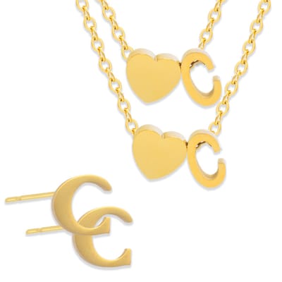 Initiaal Ketting & Armband & Oorbellen set met Letter C Goudkleurig - Stainless Steel - Met letter & Hartje! - 3x Sieraden Cadeau - Pax Amare