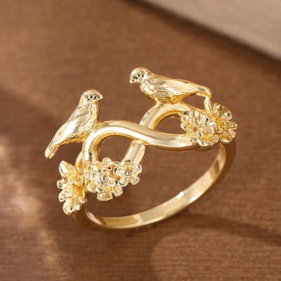 Bague ancienne en cuivre pour femme sculptée de deux oiseaux et de fleurs, design infini, idéale pour les banquets et les fêtes. 10