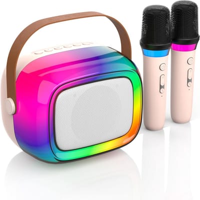 Draadloze Karaokemachine met Kleurige Verlichting en 2 Microfoons voor Kinderen en Volwassenen