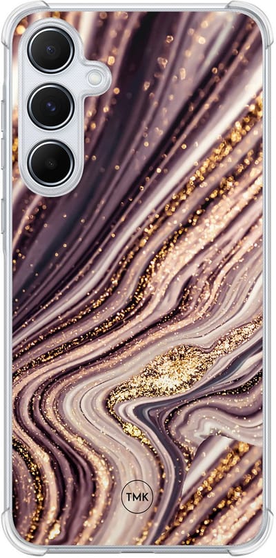 Shockproof hoesje geschikt voor Samsung Galaxy A55 - Golden pink marble - Schokbestendig - Verhoogde randen - TPU case - Extra Sterke Back Cover - Marmer - Transparant, Roze, Goud