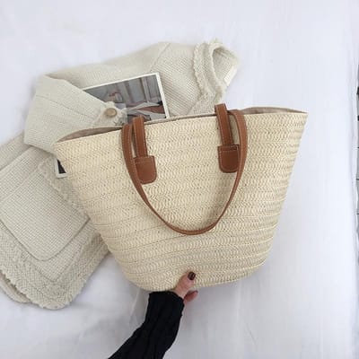 Nieuwe Vakantie Strand Stro Tas Weven Groentemand Pendeltas Bucket Tas beige