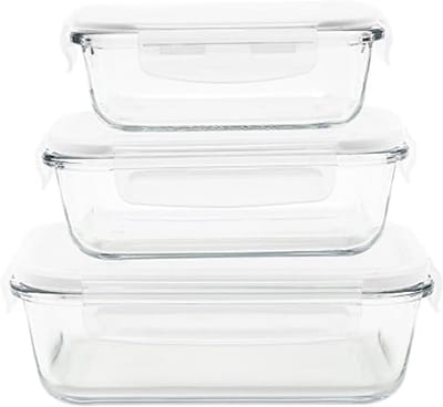 Famanu - Set van 3 rechthoekige glazen voorraaddozen – 400 ml, 650 ml en 1 l – 100% luchtdicht en ovenbestendig