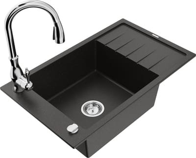 Mexen Elias granieten spoelbak 1-kompartiment met afdruiprek en keukenmengkraan Savita, zwart/goud metallic - 6511-75-672601-00