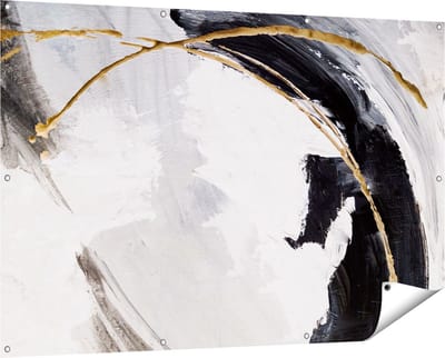 Gards Tuinposter Abstracte Kunst - Wit met Zwart en Goud - 150x100 cm - Tuindoek - Tuindecoratie - Wanddecoratie buiten - Tuinschilderij