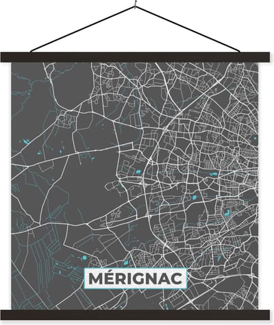 Posterhanger incl. Poster 60x60 cm - Schoolplaat - Mérignac - Frankrijk - Kaart - Plattegrond - Stadskaart - Textielposter - Zwarte latten - Stadskaart