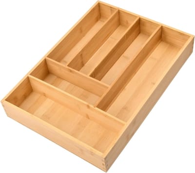 Lade-insert van bamboe, 43 x 30 x 6 cm, besteklade organizer met 6 vakken voor keukengerei en huishoudelijke artikelen