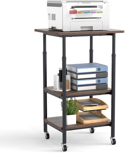 COSTWAY 3-traps printerstandaard, in hoogte verstelbaar, printerwagen met legplanken en wielen, opbergwagen, mobiel, machinestandaard voor 3D-printer, faxapparaat 49 x 40 x 77 cm (bruin)
