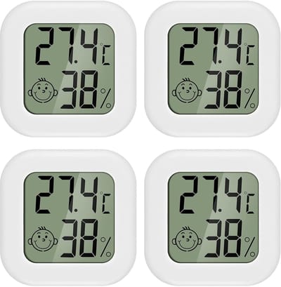 EXCITAT Hygrometer geschikt voor binnen - 4-pack - Mini LCD digitale thermometer en hygrometer - Thermometer - Geschikt voor babykamer, ouderenkamer, studeerkamer, wijnkelder