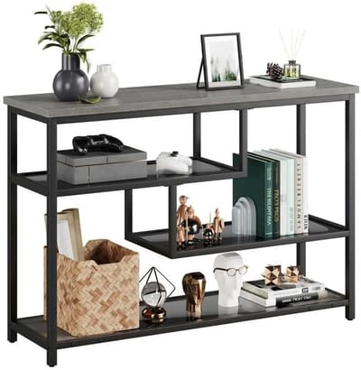Consoletafel met 4 opbergniveaus, smalle entreetafel met glazen legplanken en metalen frame, afmetingen 100 x 30 x 75 cm, geschikt voor hal, woonkamer en gang