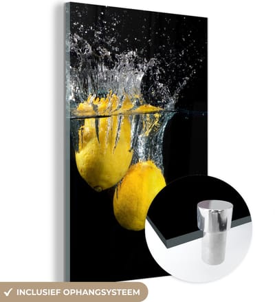 MuchoWow® Glasschilderij 120x180 cm - Schilderij acrylglas - Citroen - Fruit - Stilleven - Water - Geel - Foto op glas - Schilderijen