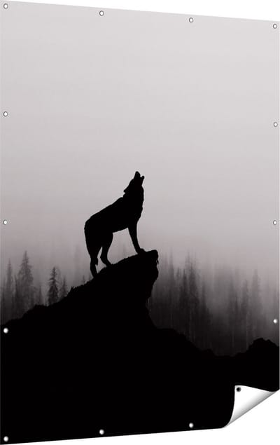 Gards Tuinposter Silhouet van een Huilende Wolf - Abstract - 120x160 cm - Tuindoek - Tuindecoratie - Wanddecoratie buiten - Tuinschilderij