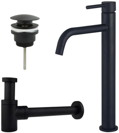 FugaFlow Eccelente Sobrado Badkamer Slim Wastafelkraanset - verhoogde wastafelkraan - klikwaste plug - verlaagde design sifon - Mat zwart