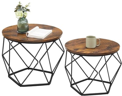 Hutjemutje - salontafel set van 2 - bijzettafel - geometrisch - industrieel - hout - metaal - bruin - zwart