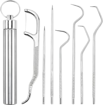Allecto Plus - Roestvrijstalen herbruikbare tandenstokers - Set van 7 stuks voor picknick en camping buitenshuis.