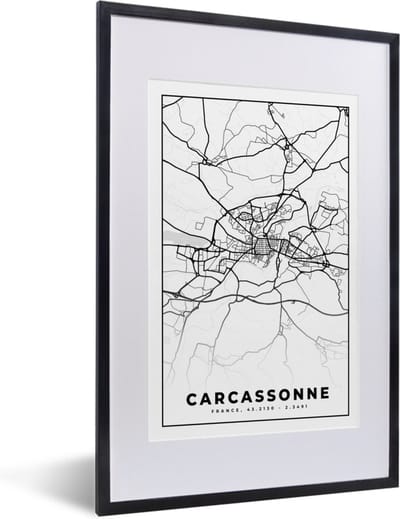 Fotolijst incl. Poster Zwart Wit- Kaart - Plattegrond - Frankrijk - Stadskaart - Carcassonne - Zwart wit - 40x60 cm - Posterlijst