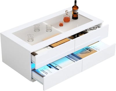 Salontafel - Moderne salontafel hoogglans met led - Koffietafel met 4 lades en glazen blad - 100x50x40 cm - App bediening - Woonkamer Wit