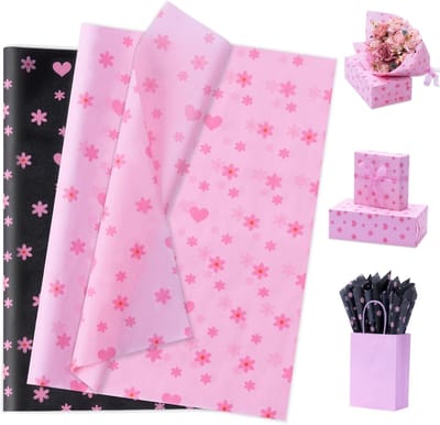 Zijdepapier, 60 vellen vintage madeliefjes, zijdepapier, verpakkingsmateriaal, zwart roze cadeaupapier voor verjaardagen, babyshower, bruiloft, jubilea, knutselen, decoratie, 50