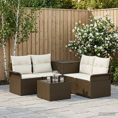 vidaXL - Bankstel - 6 - st - 4-zits - Bruin - en - Crème - Wit - Poly - Rattan - en - Staal