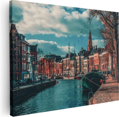 Artaza Canvas Schilderij Stad - 40x30 cm - Klein - Wanddecoratie Groningen - Muurdecoratie Boot - Kamer Accessoires