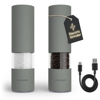 LARS NYSØM Elektrische Zout- en Pepermolen | Automatische Molen Set van Roestvrij Staal met Instelbare Keramische Maalwerk | USB-Oplaadbare Kruidenmolens met LED-verlichting (Ash Gray)