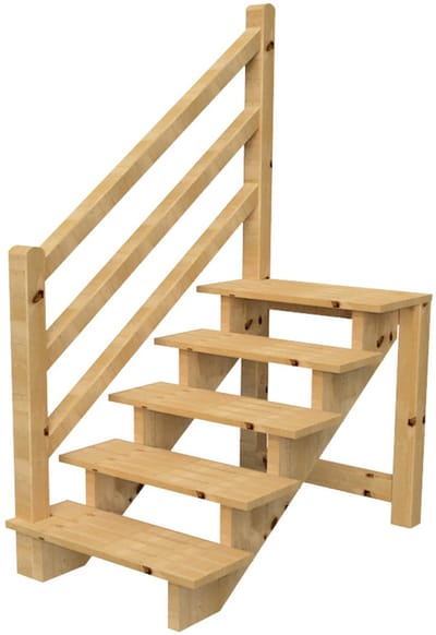 Vrijstaande buitentrap met houten trapleuning Links - H 5-treden 88cm B 120cm - zonder stootbord