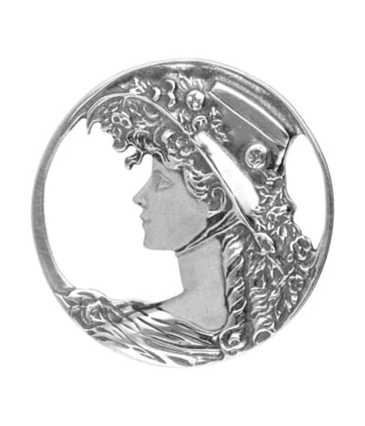 Zilveren Vrouwengezicht met hoed Art Nouveau Jugendstil XL hanger en broche