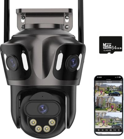 QPFO® Beveiligingscamera buiten – 360° auto tracking – drie lens design – nachtzicht – inclusief 64GB SD kaart – zwart