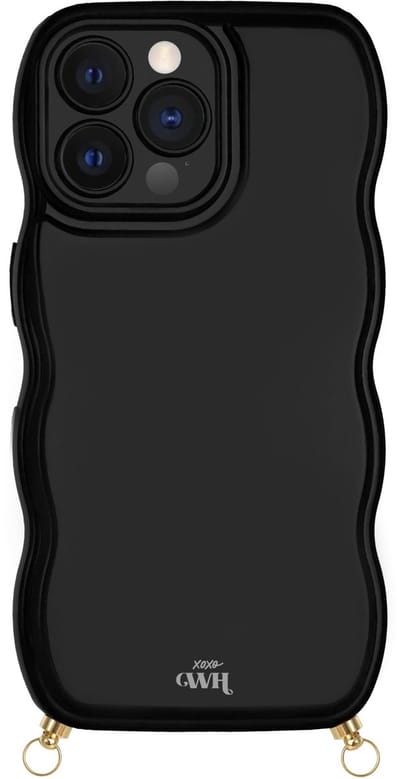 xoxo Wildhearts Glossy Wavy Cord Case Black telefoonhoesje - Geschikt voor iPhone 12 Pro - Golvend hoesje geschikt voor telefoonkoord - Glimmende silicone case met golven - Vlekbestendig hoesje met haakjes - Zwart