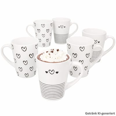 6-delige set CUPID (Hart met streepjesontwerp) koffiemokken zwart-wit harten & strepen van porselein – 24310158
