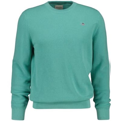Gant Trui Solid Color Micro Textured Cotton Crew Neck Muted Turquoise / male