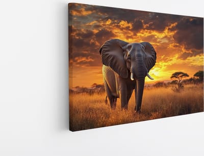 Saammp Canvas Schilderij - Olifant in Savanne - Afrika - Dieren - 45x30 - Foto op canvas - Wanddecoratie - muurdecoratie Woonkamer - Slaapkamer decoratie - Canvas Print