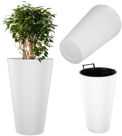 KADAX plantenbak Ø 29,5 x H 49 cm, moderne bloembak met binnenpot & geribbeld design, grote plantenpot van kunststof (wit)