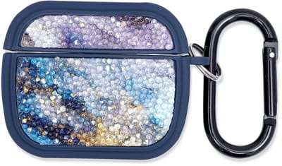 Casemania Hoesje Geschikt voor Apple AirPods 3 - Blauw - Diamant Marmer Glitter Cover met Ring en Sleutelhanger