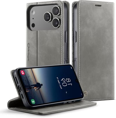 Premium PU Leren Flip Case voor iPhone 17 Pro Max met RFID Bescherming, Vouwbare Stand en Kaartvak, Grijs